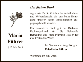 Traueranzeige von Maria Führer von Eschwege