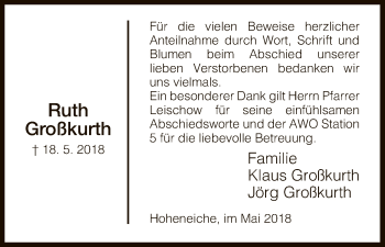 Traueranzeige von Ruth Großkurth von Eschwege