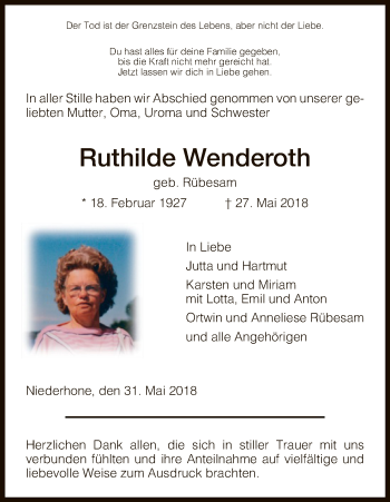 Traueranzeige von Ruthilde Wenderoth von Eschwege
