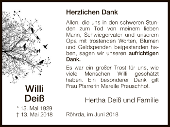 Traueranzeige von Willi Deiß von Eschwege