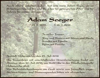 Traueranzeige von Adam Seeger von Eschwege