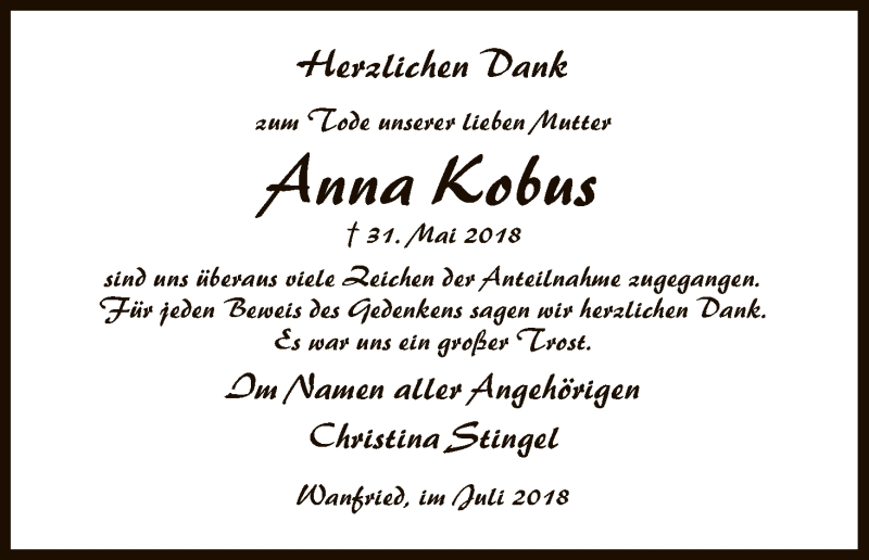  Traueranzeige für Anna Kobus vom 21.07.2018 aus Eschwege