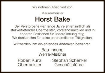 Traueranzeige von Horst Bake von Eschwege