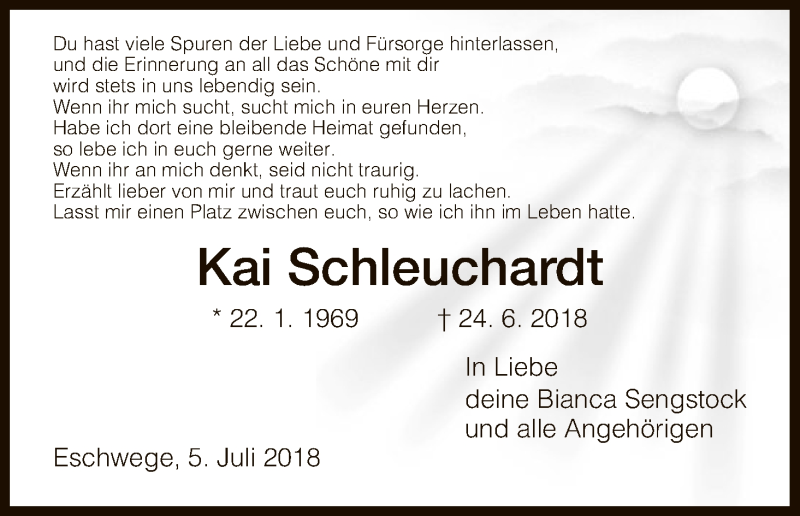  Traueranzeige für Kai Schleuchhardt vom 05.07.2018 aus Eschwege