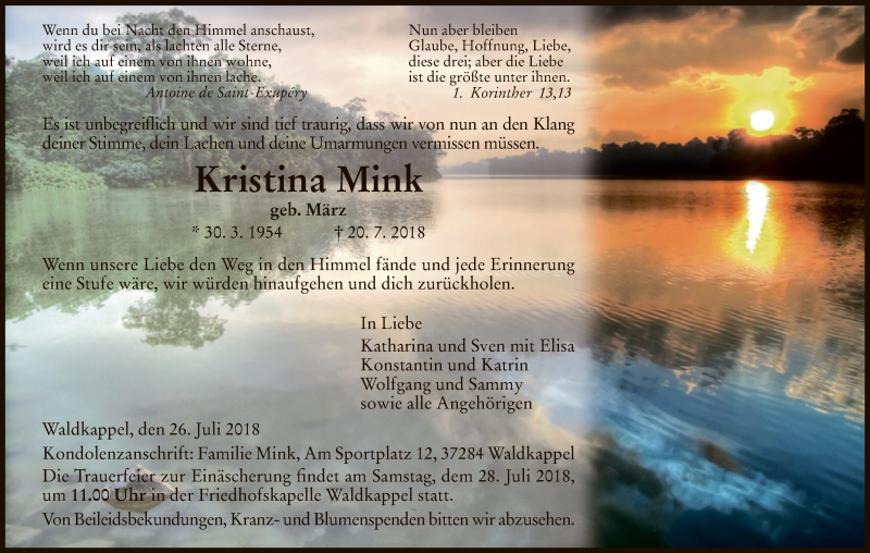  Traueranzeige für Kristina Mink vom 26.07.2018 aus Eschwege