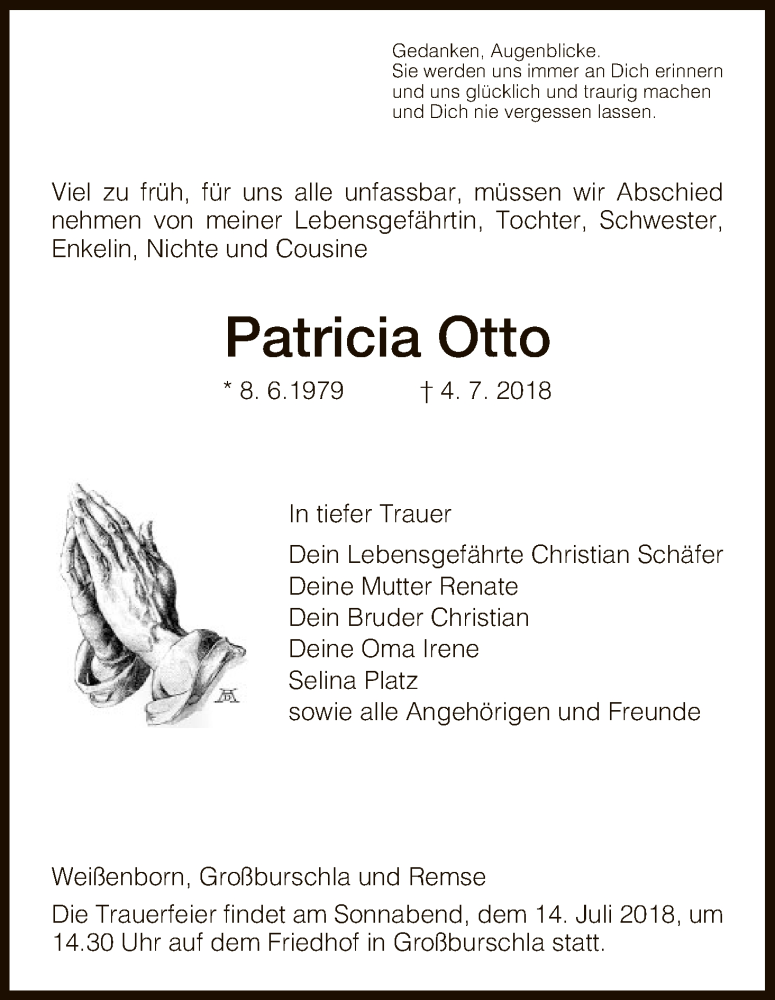  Traueranzeige für Patricia Otto vom 10.07.2018 aus Eschwege