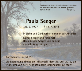 Traueranzeige von Paula Seeger von Eschwege