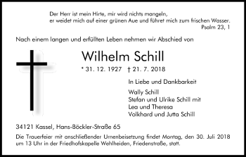 Traueranzeige von Wilhelm Schill von Eschwege