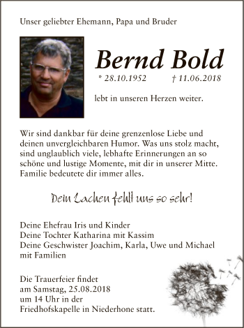 Traueranzeige von Bernd Bold von Eschwege