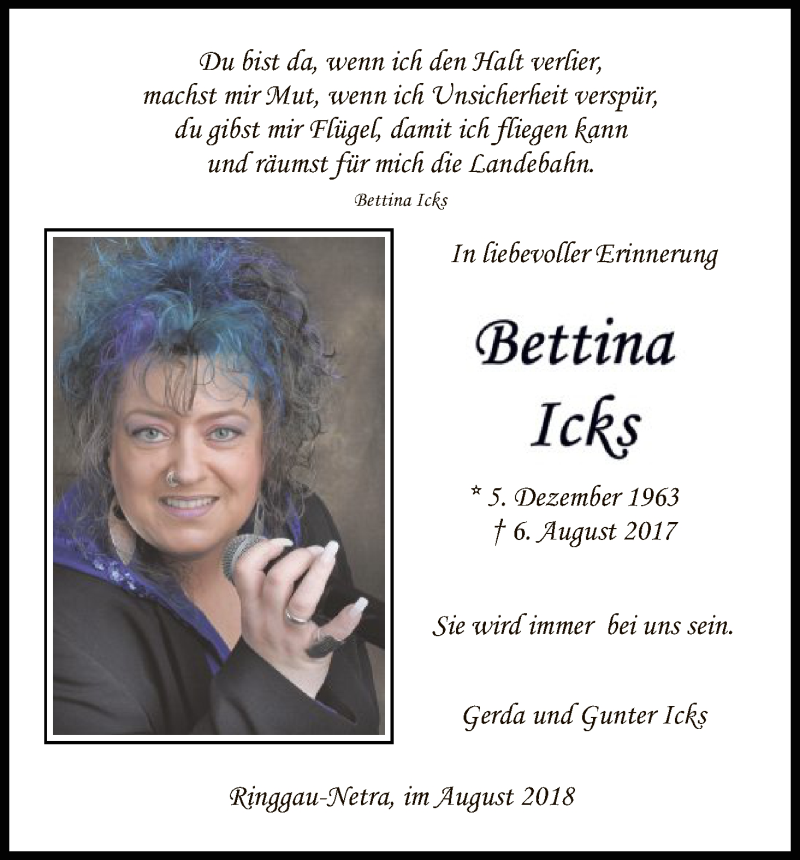 Traueranzeige für Bettina Icks vom 11.08.2018 aus Eschwege