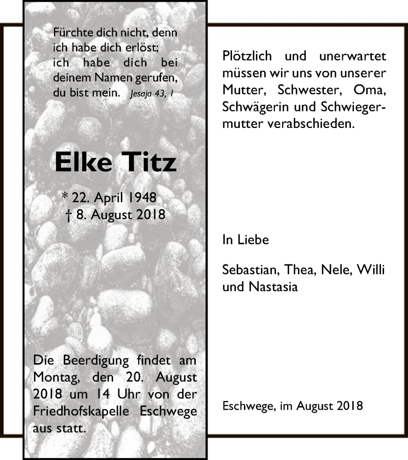  Traueranzeige für Elke Titz vom 15.08.2018 aus Eschwege