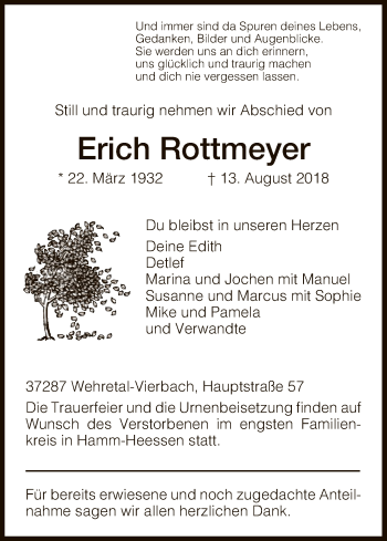 Traueranzeige von Erich Rottmeyer von Eschwege