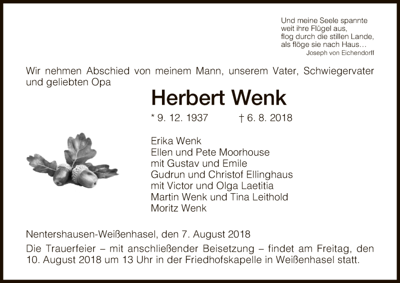  Traueranzeige für Herbert Wenk vom 08.08.2018 aus Eschwege