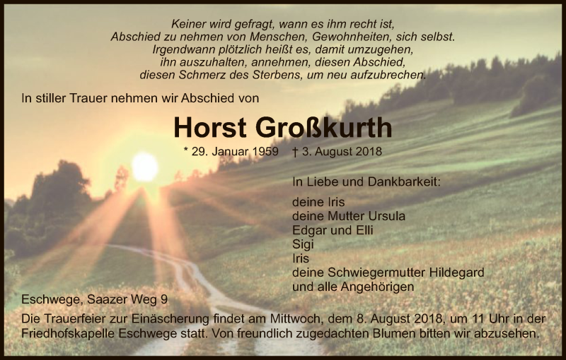  Traueranzeige für Horst Großkurth vom 06.08.2018 aus Eschwege