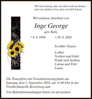 Traueranzeige von Inge George von Eschwege