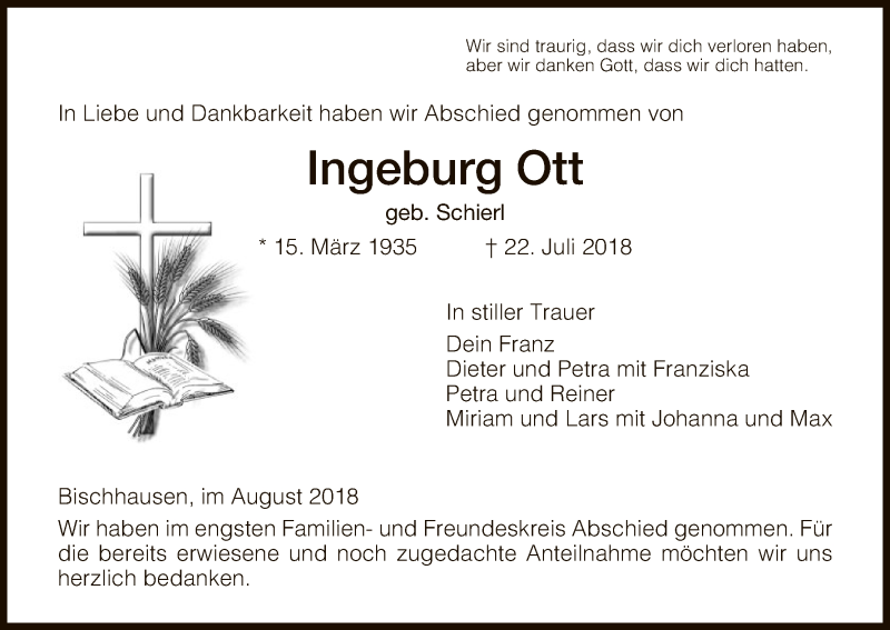  Traueranzeige für Ingeburg Ott vom 04.08.2018 aus Eschwege