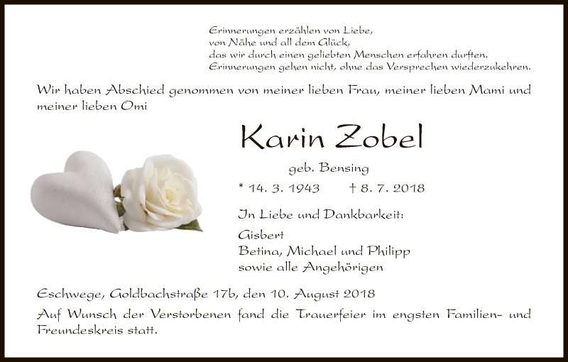  Traueranzeige für Karin Zobel vom 10.08.2018 aus Eschwege