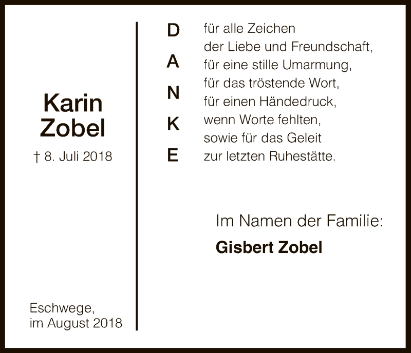  Traueranzeige für Karin Zobel vom 25.08.2018 aus Eschwege