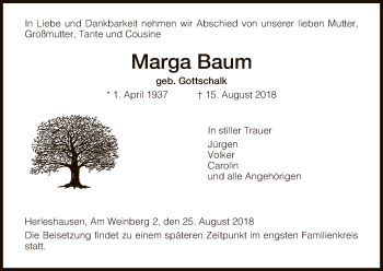 Traueranzeige von Marga Baum von Eschwege