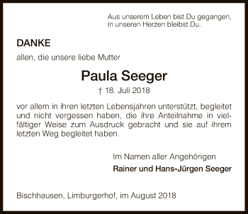 Traueranzeige von Paula Seeger von Eschwege