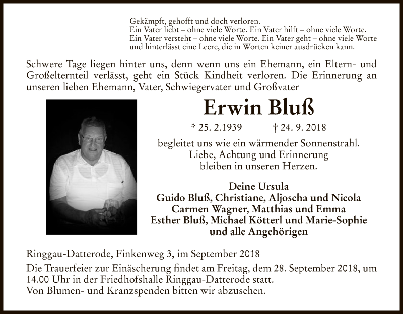  Traueranzeige für Erwin Bluß vom 27.09.2018 aus Eschwege