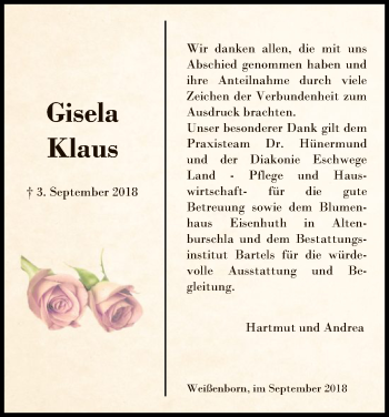 Traueranzeige von Gisela Klaus von Eschwege