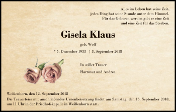 Traueranzeige von Gisela Klaus von Eschwege