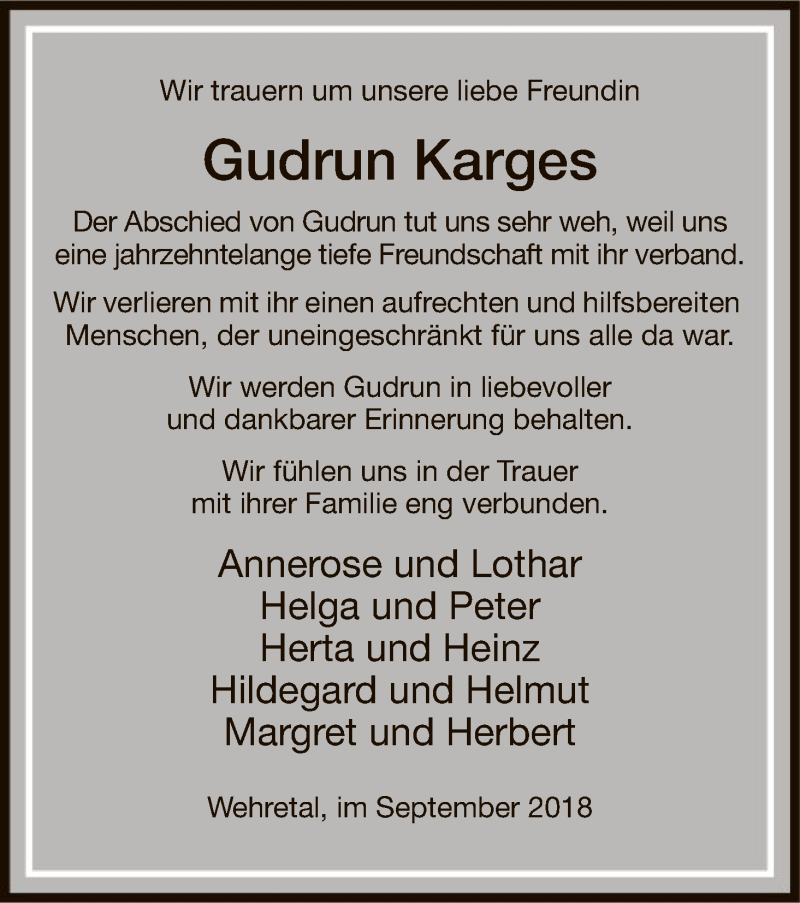  Traueranzeige für Gudrun Karges vom 08.09.2018 aus Eschwege