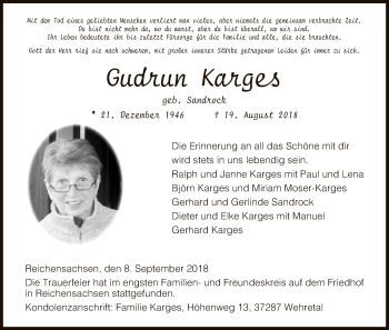 Traueranzeige von Gudrun Karges von Eschwege