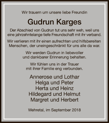 Traueranzeige von Gudrun Karges von Eschwege