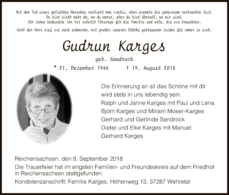  Traueranzeige für Gudrun Karges vom 08.09.2018 aus Eschwege
