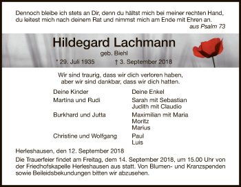 Traueranzeige von Hildegard Lachmann von Eschwege