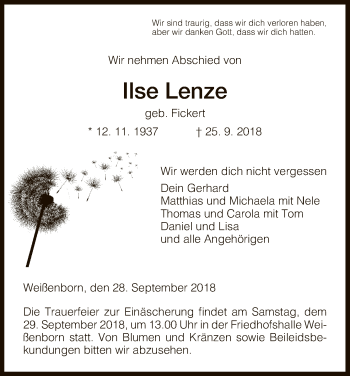 Traueranzeige von Ilse Lenze von Eschwege