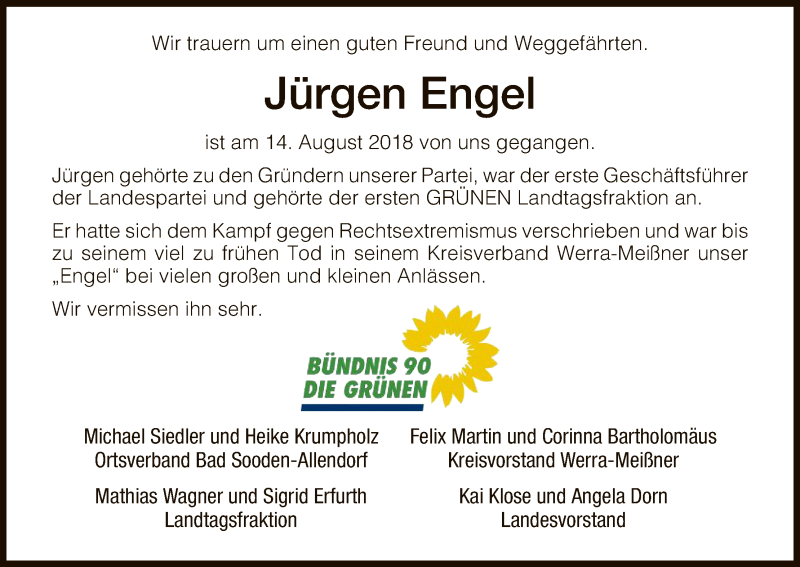  Traueranzeige für Jürgen Engel vom 01.09.2018 aus Eschwege