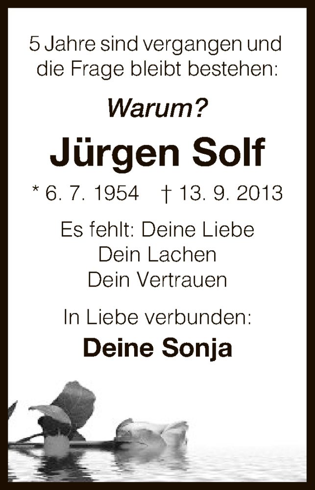  Traueranzeige für Jürgen Solf vom 13.09.2018 aus Eschwege