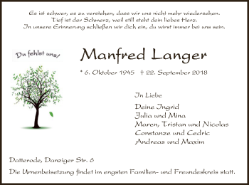 Traueranzeige von Manfred Langer von Eschwege