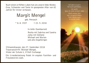 Traueranzeige von Margit Mengel von Eschwege