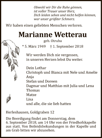 Traueranzeige von Marianne Wetterau von Eschwege