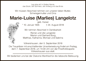 Traueranzeige von Marie-Luise Langelotz von Eschwege