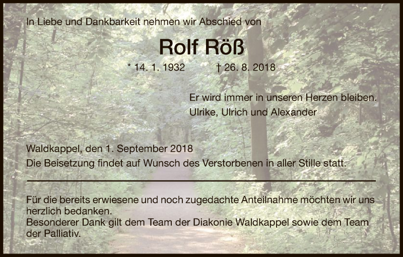  Traueranzeige für Rolf Röß vom 01.09.2018 aus Eschwege