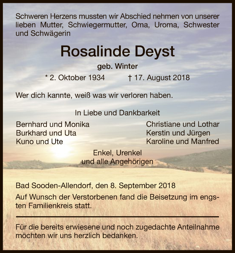  Traueranzeige für Rosalinde Deyst vom 08.09.2018 aus Eschwege