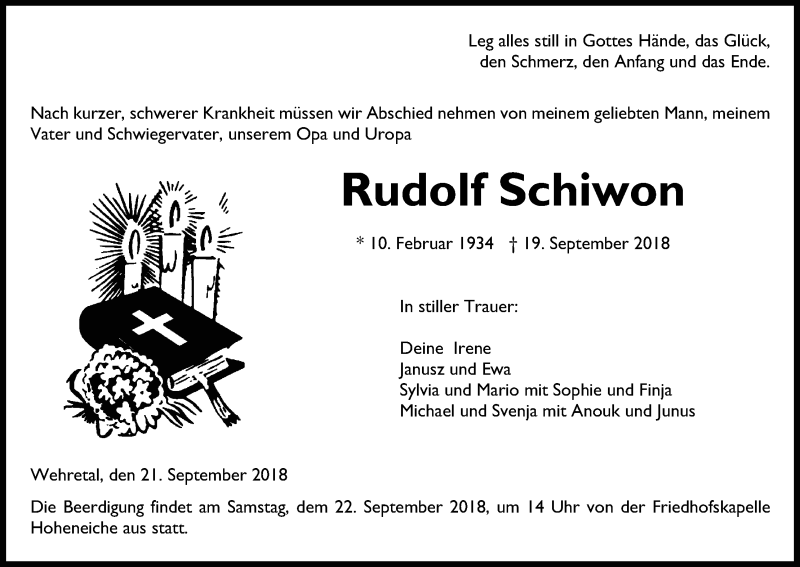  Traueranzeige für Rudolf Schiwon vom 21.09.2018 aus Eschwege