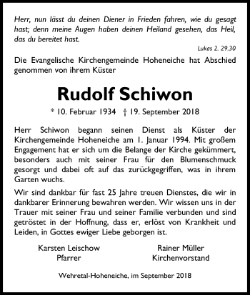 Traueranzeige von Rudolf Schiwon von Eschwege