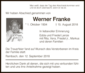 Traueranzeige von Werner Franke von Eschwege
