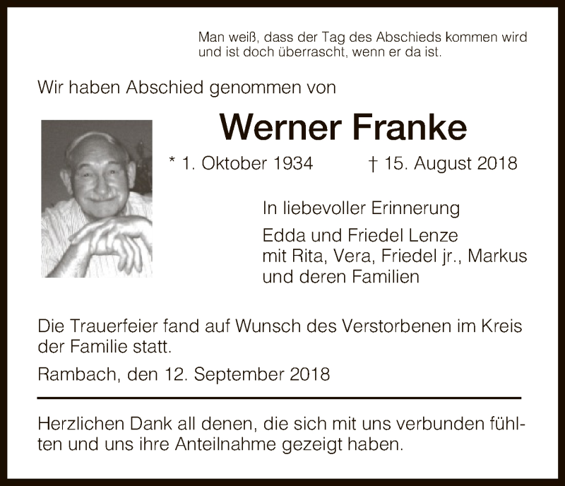  Traueranzeige für Werner Franke vom 12.09.2018 aus Eschwege