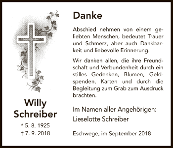 Traueranzeige von Willy Schreiber von Eschwege