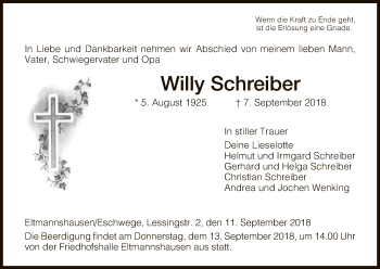 Traueranzeige von Willy Schreiber von Eschwege