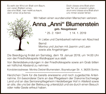 Traueranzeige von Anna Blumenstein von Eschwege