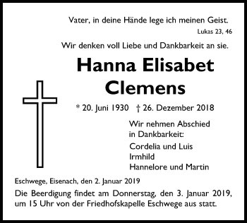 Traueranzeige von Hanna Elisabet Clemens von Eschwege