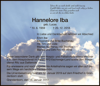 Traueranzeige von Hannelore Iba von Eschwege